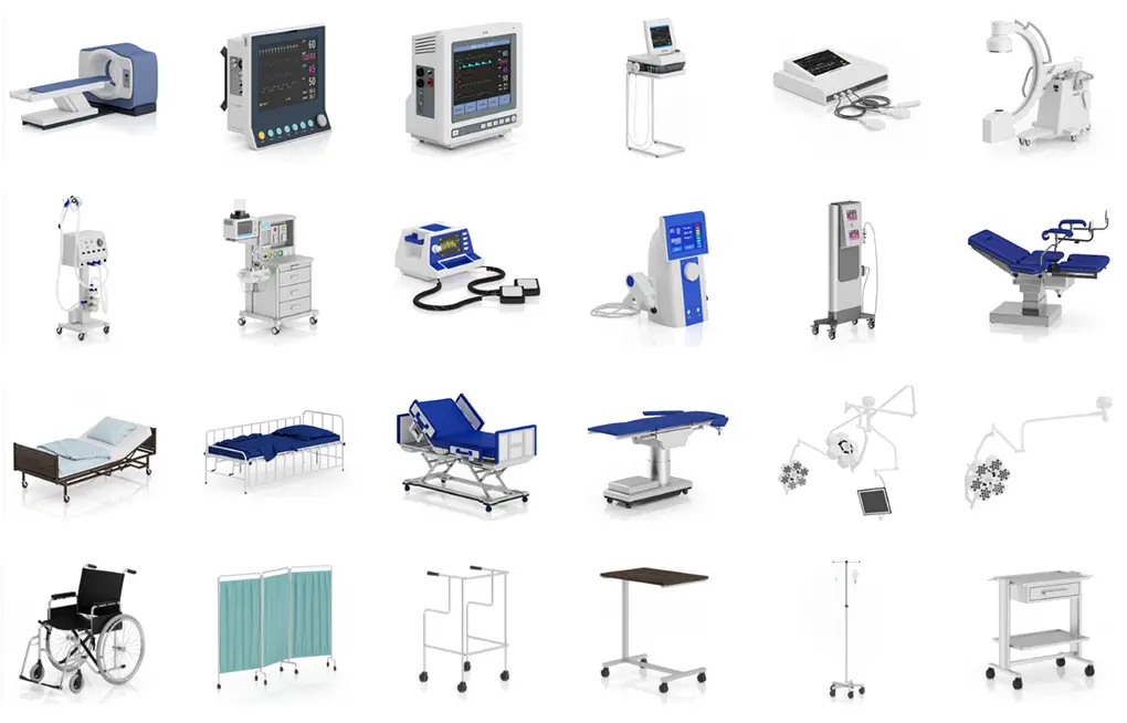 آبجکت دستگاه MRI، آبجکت مانیتور اتاق پزشکی، آبجکت مانیتور ECG، آبجکت تخت بیمارستان، آبجکت صندلی دندان پزشکی، آبجکت دستگاه فشار خون، آبجکت دستگاه شوک قلبی، آبجکت اتاق عمل، آبجکت دستگاه X-RAY، آبجکت ویلچر ، آبجکت سرم